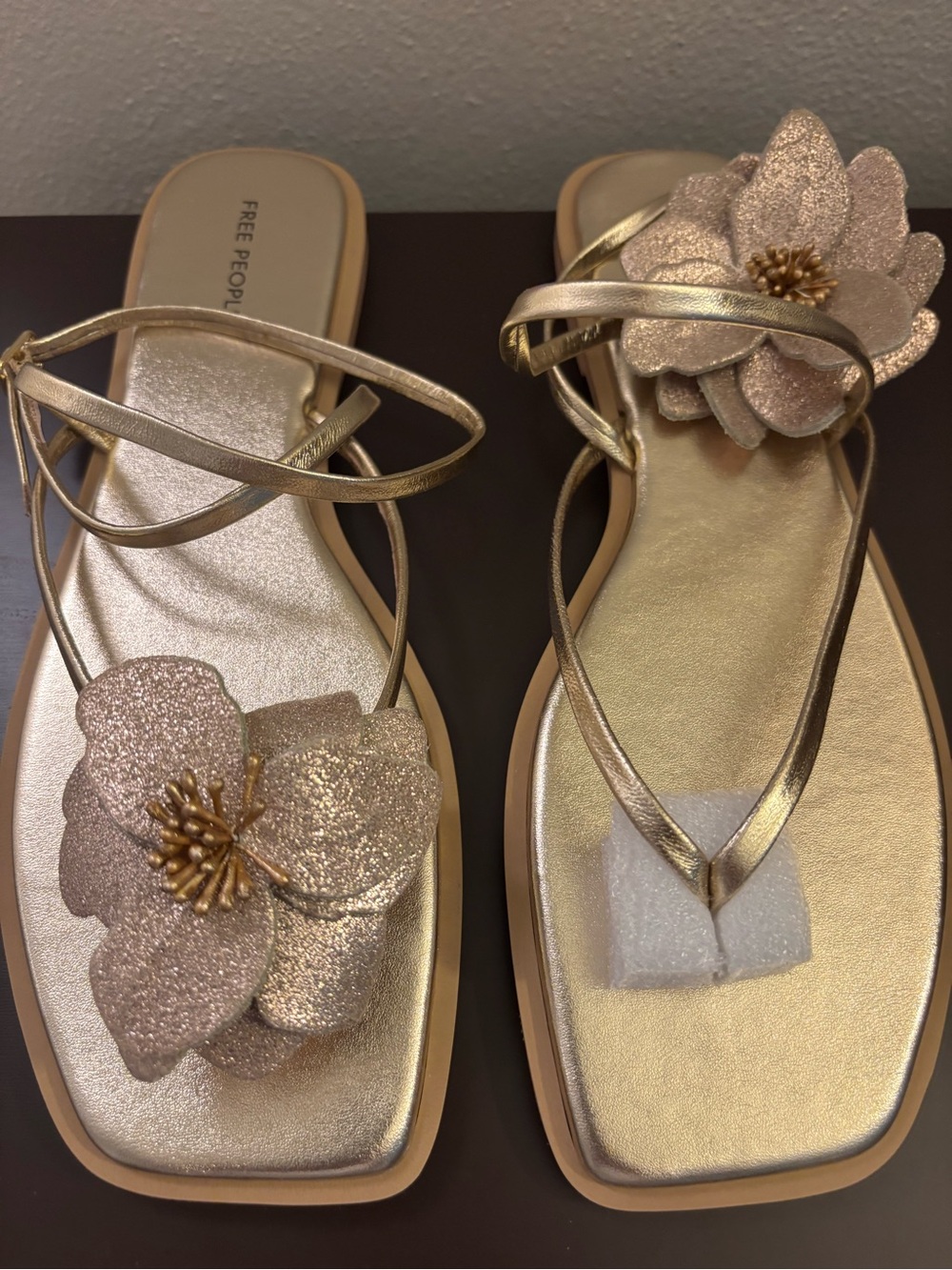 Free People Metallic Gold Leather Ankle-Strap Mismatch Sandals
Size 8